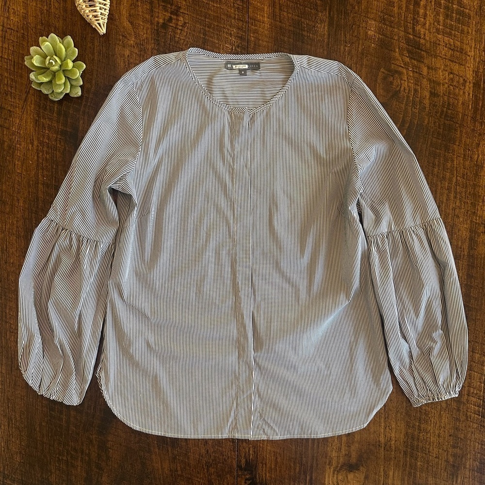 Elliot Lauren | Pinstripe Collarless Button Down Shirt with Lantern Sleeve